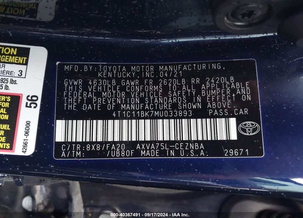 2021 TOYOTA CAMRY LE AWD VIN: 4T1C11BK7MU033893