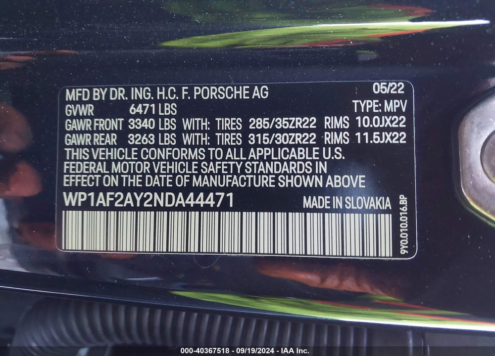 2022 PORSCHE CAYENNE TURBO VIN: WP1AF2AY2NDA44471