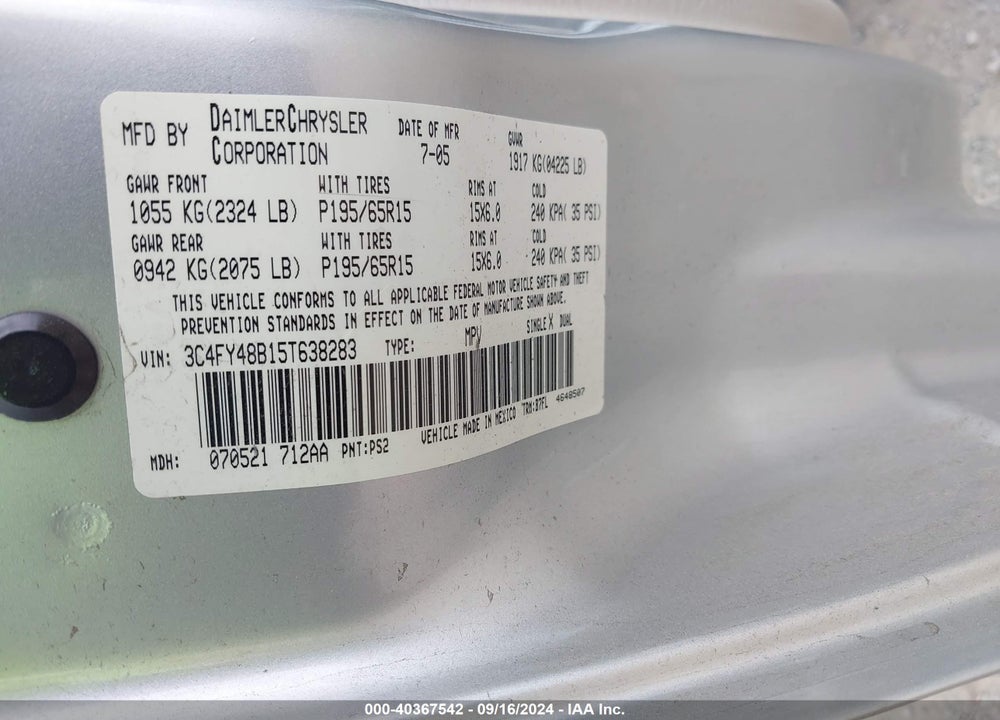 2005 CHRYSLER PT CRUISER VIN: 3C4FY48B15T638283