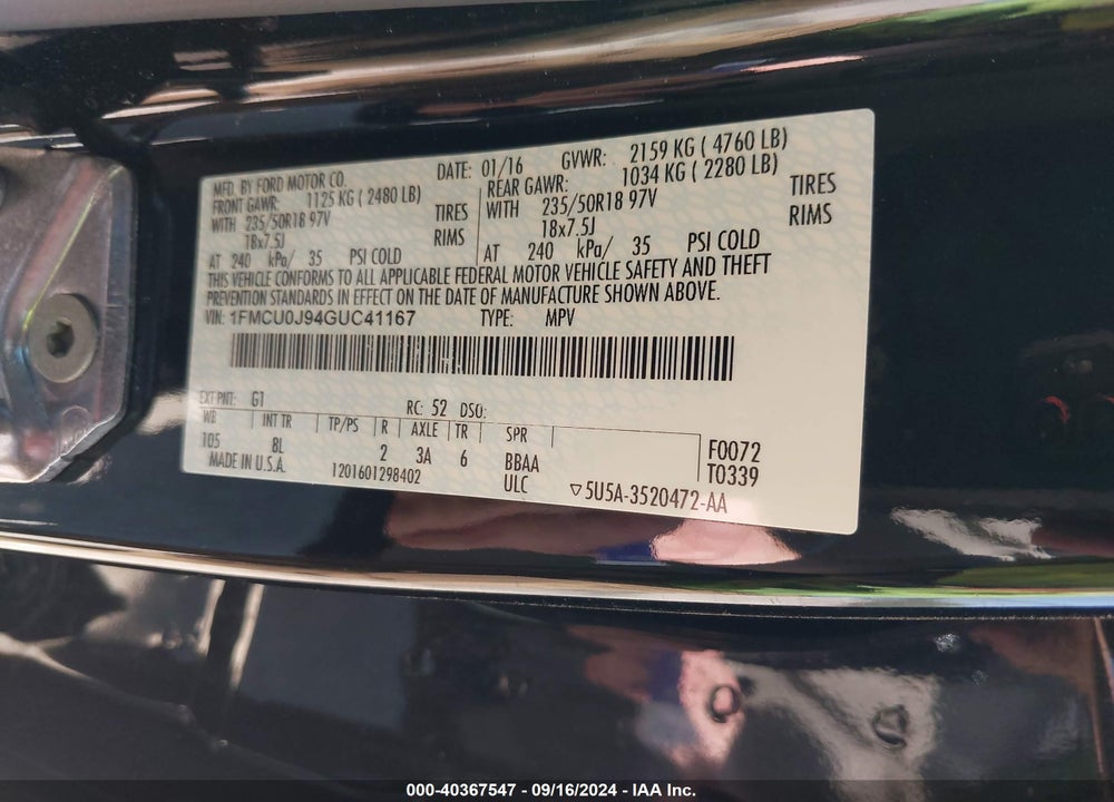 2016 FORD ESCAPE TITANIUM VIN: 1FMCU0J94GUC41167