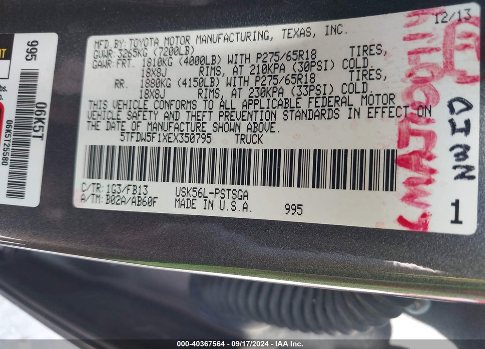 2014 TOYOTA TUNDRA SR5 5.7L V8 VIN: 5TFDW5F1XEX350795