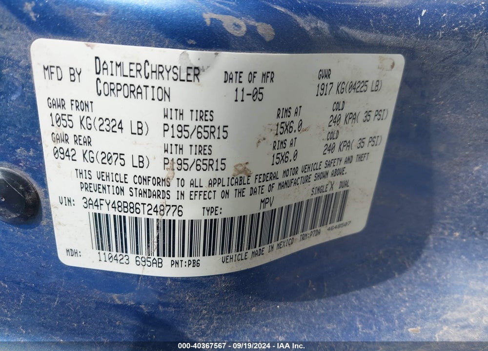 2006 CHRYSLER PT CRUISER VIN: 3A4FY48B86T248776