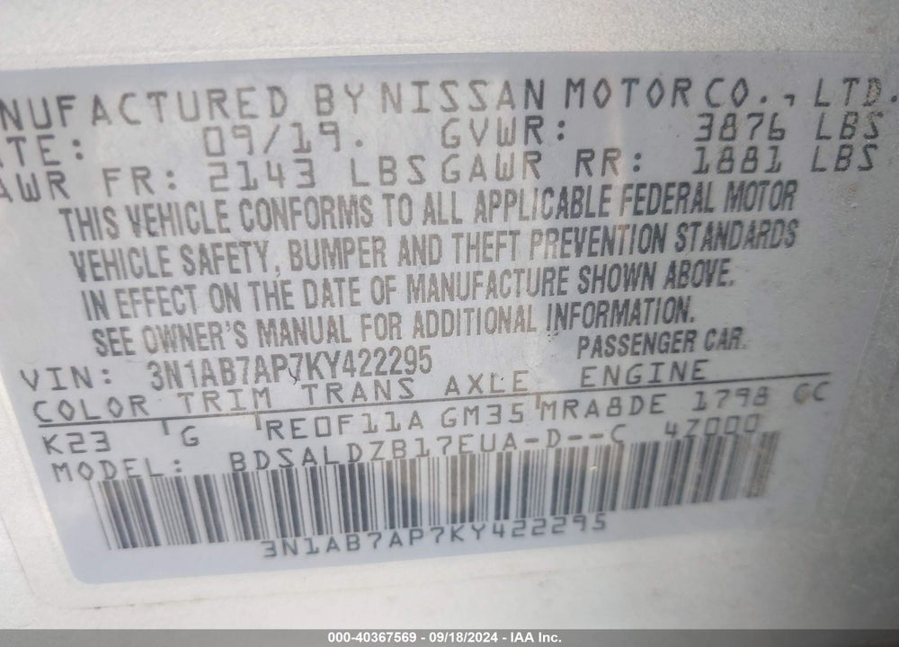 2019 NISSAN SENTRA SV VIN: 3N1AB7AP7KY422295