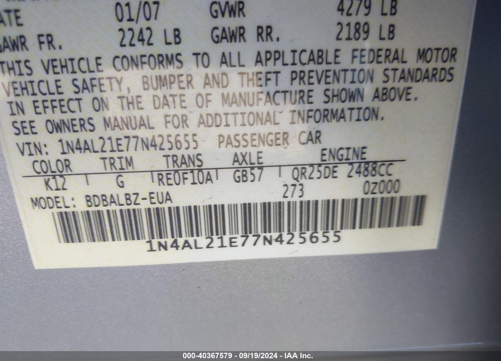 2007 NISSAN ALTIMA 2.5 S VIN: 1N4AL21E77N425655