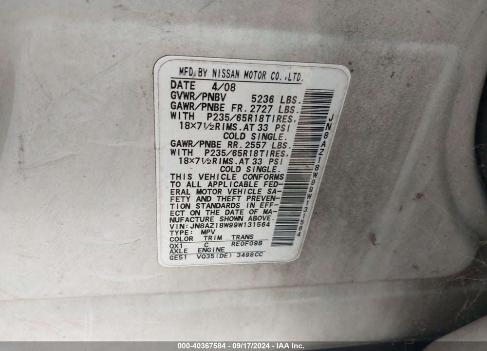 2009 NISSAN MURANO S VIN: JN8AZ18W99W131564