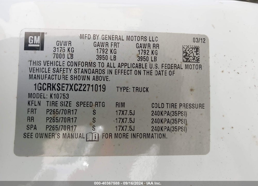 2012 CHEVROLET SILVERADO 1500 LT VIN: 1GCRKSE7XCZ271019