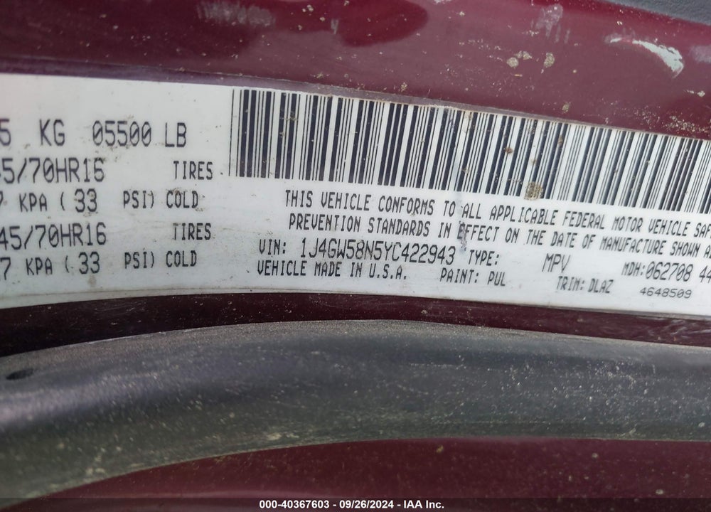 2000 JEEP GRAND CHEROKEE LIMITED VIN: 1J4GW58N5YC422943