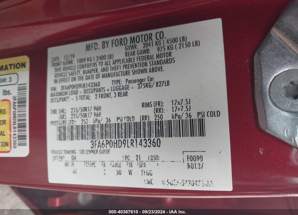 2020 FORD FUSION SE VIN: 3FA6P0HD9LR143360