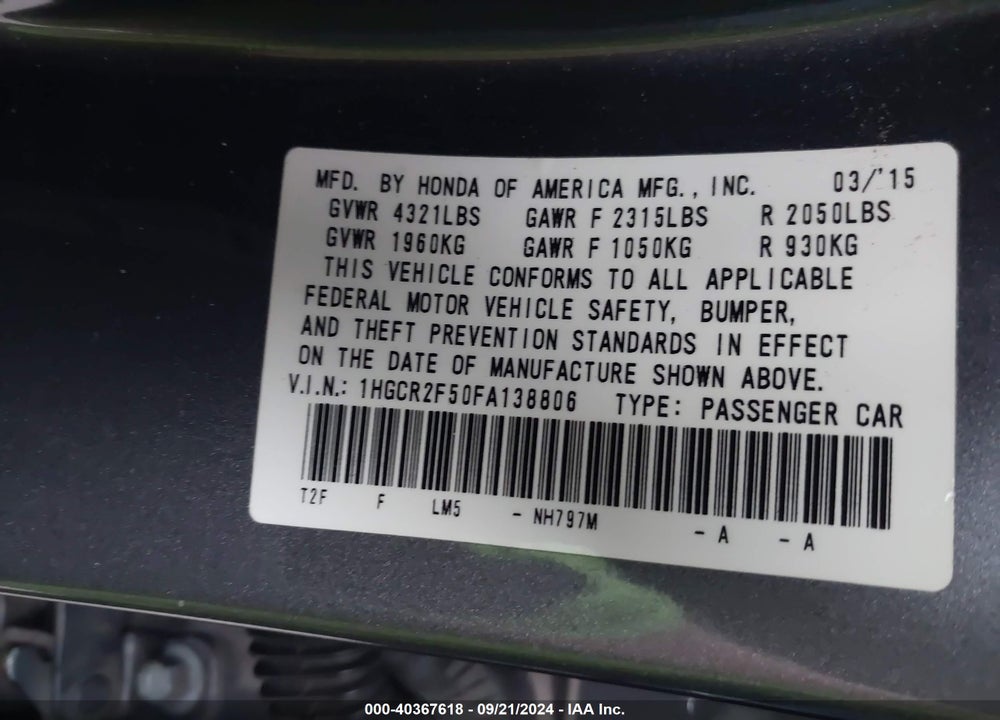 2015 HONDA ACCORD SPORT VIN: 1HGCR2F50FA138806