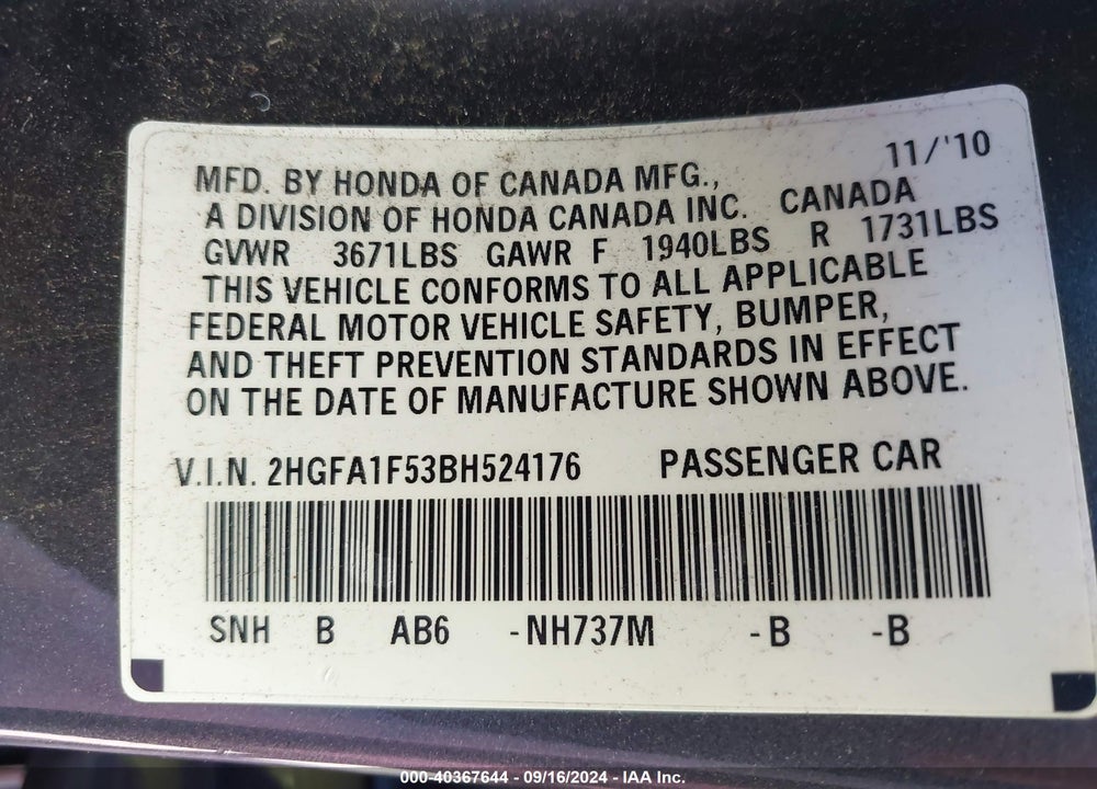 2011 HONDA CIVIC LX VIN: 2HGFA1F53BH524176