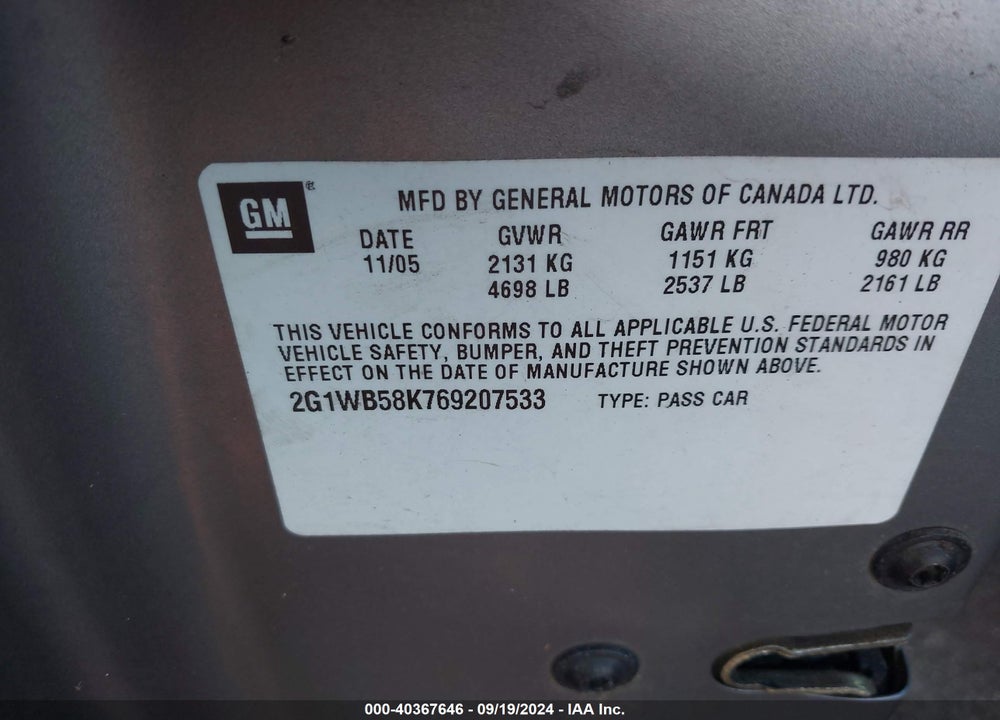 2006 CHEVROLET IMPALA LS VIN: 2G1WB58K769207533