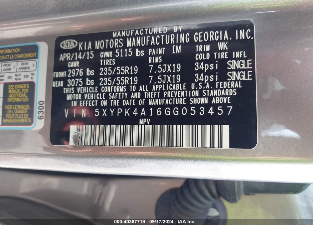 2016 KIA SORENTO 2.0T SXL VIN: 5XYPK4A16GG053457
