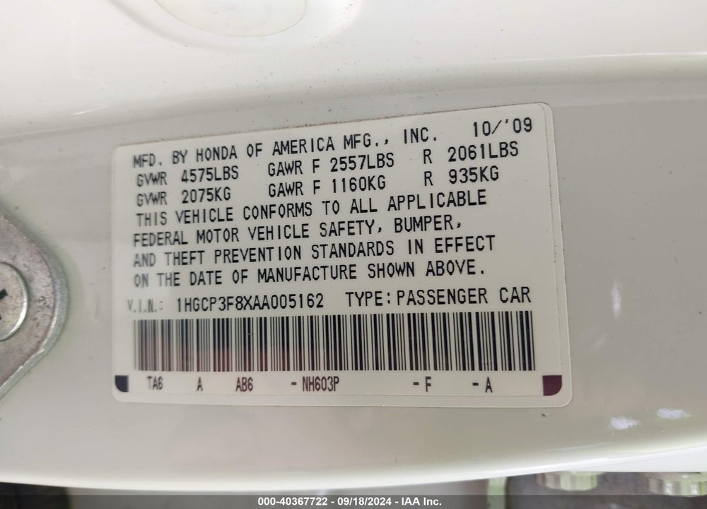 2010 HONDA ACCORD 3.5 EX-L VIN: 1HGCP3F8XAA005162