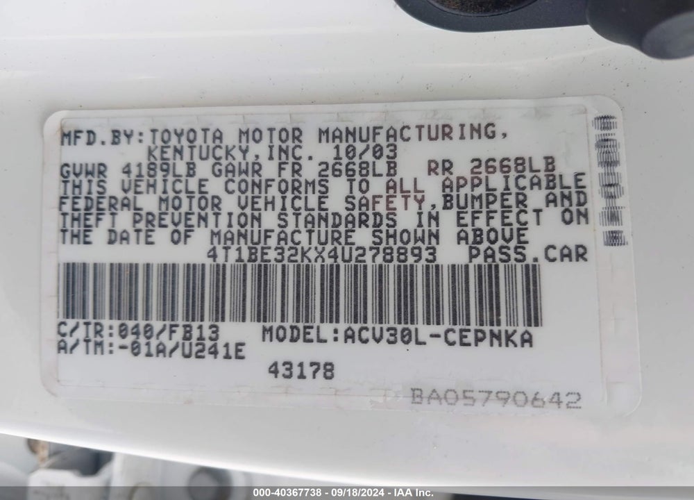 2004 TOYOTA CAMRY LE VIN: 4T1BE32KX4U278893