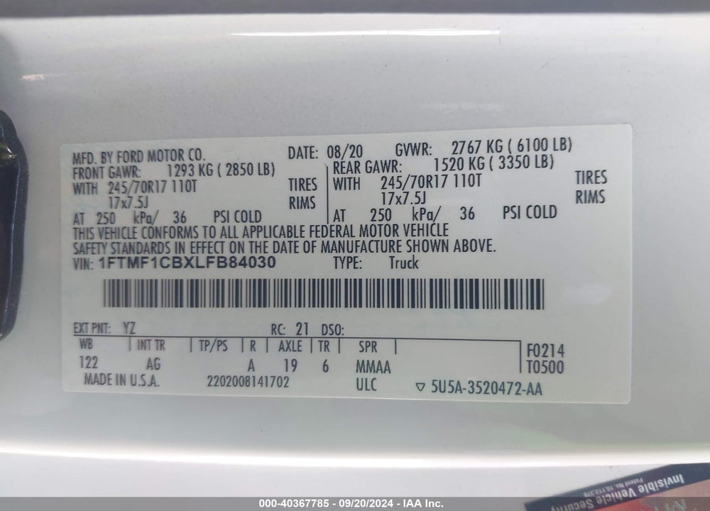 2020 FORD F-150 XL VIN: 1FTMF1CBXLFB84030