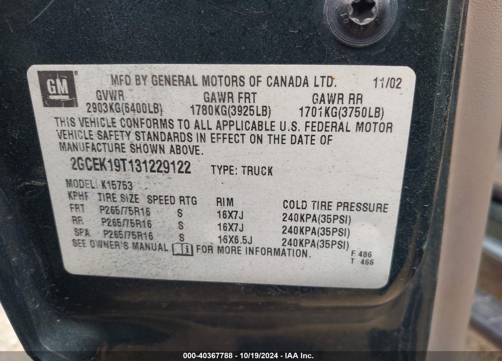 2003 CHEVROLET SILVERADO 1500 LS VIN: 2GCEK19T131229122