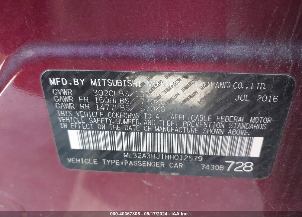 2017 MITSUBISHI MIRAGE ES VIN: ML32A3HJ1HH012579