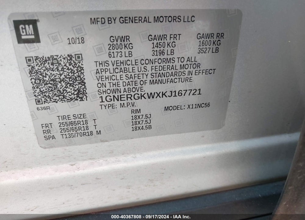 2019 CHEVROLET TRAVERSE 1LT VIN: 1GNERGKWXKJ167721