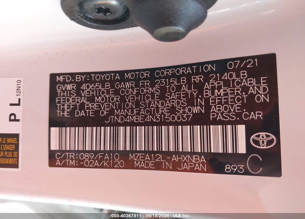 2022 TOYOTA COROLLA SE VIN: JTND4MBE4N3150037