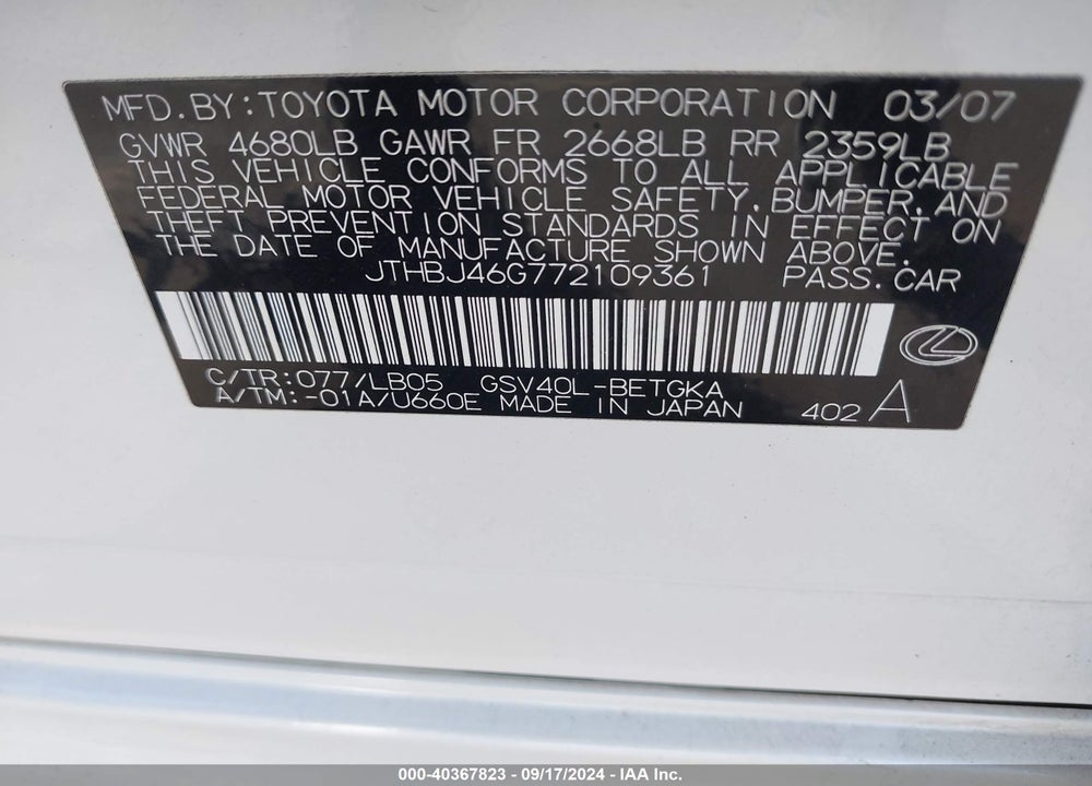 2007 LEXUS ES 350 VIN: JTHBJ46G772109361