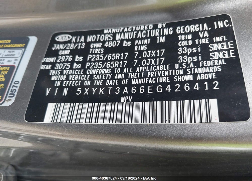 2014 KIA SORENTO LX VIN: 5XYKT3A66EG426412