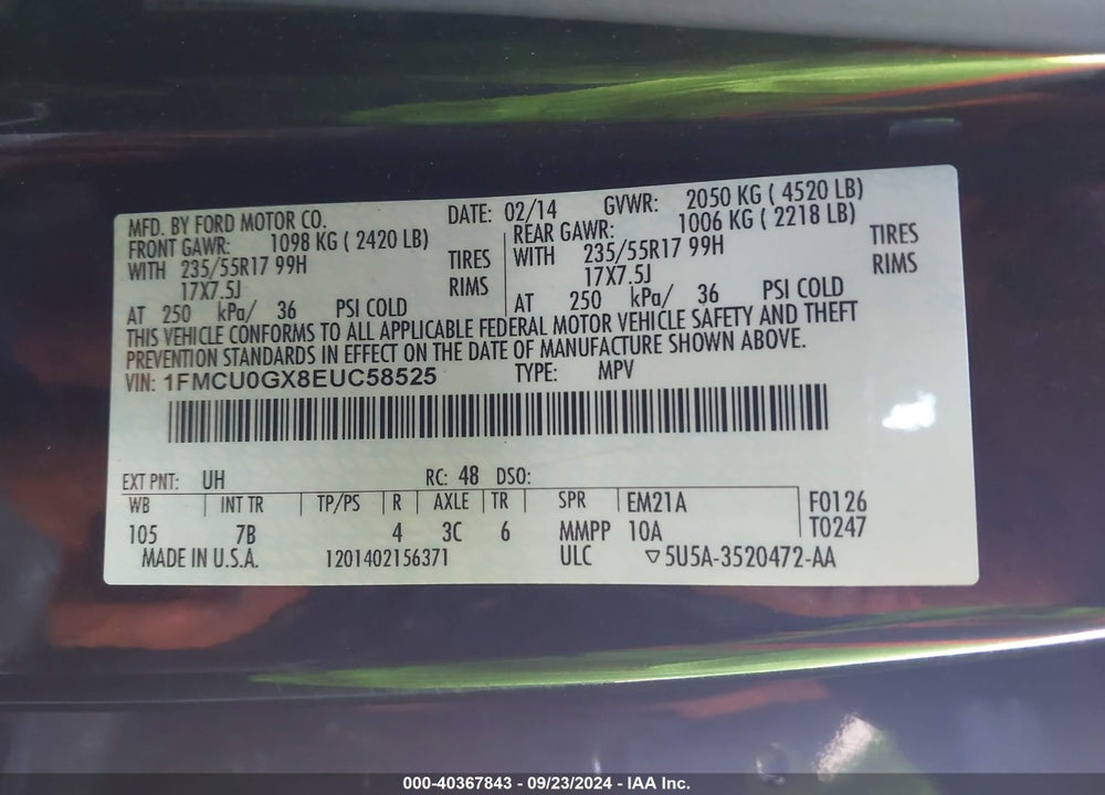 2014 FORD ESCAPE SE VIN: 1FMCU0GX8EUC58525