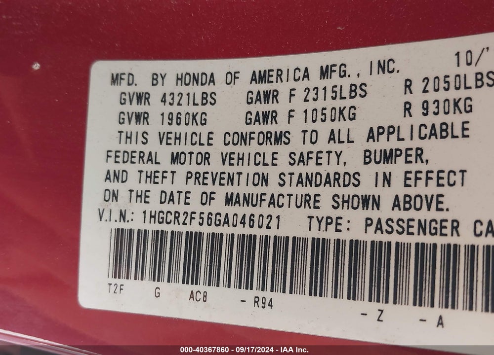 2016 HONDA ACCORD SPORT VIN: 1HGCR2F56GA046021