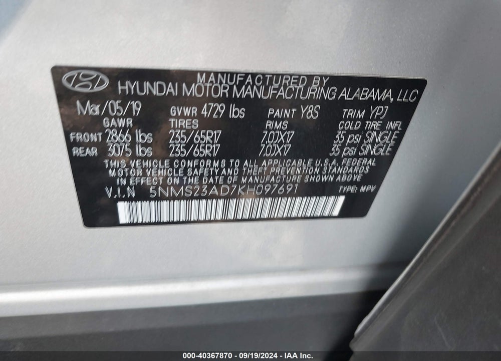 2019 HYUNDAI SANTA FE SE VIN: 5NMS23AD7KH097691