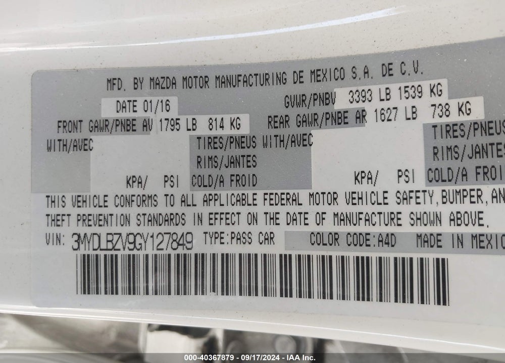 2016 SCION IA VIN: 3MYDLBZV9GY127849