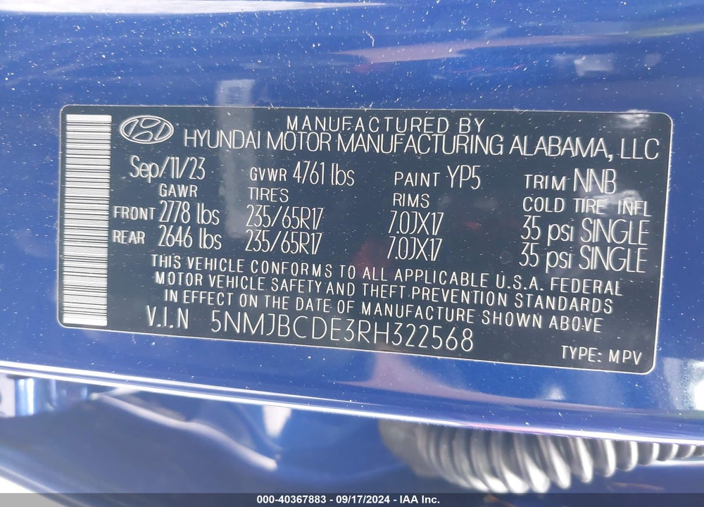 2024 HYUNDAI TUCSON SEL VIN: 5NMJBCDE3RH322568
