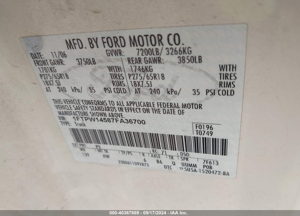 2007 FORD F-150 FX4/LARIAT/XLT VIN: 1FTPW14587FA36700