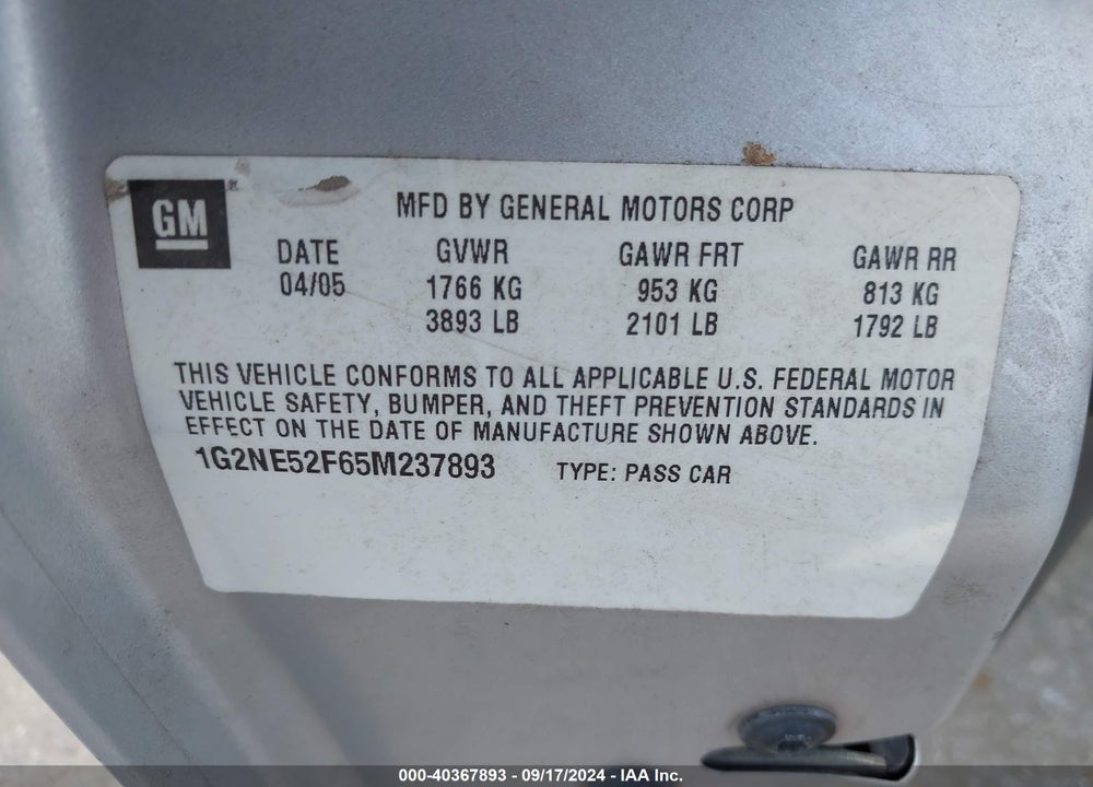 2005 PONTIAC GRAND AM SE VIN: 1G2NE52F65M237893