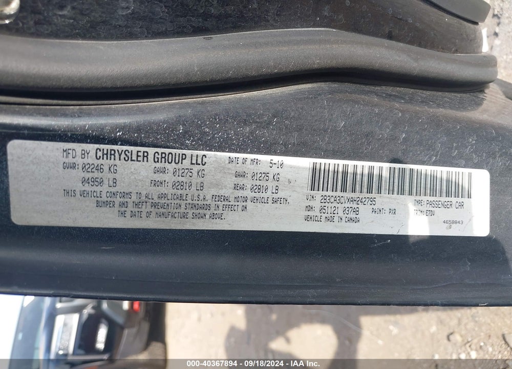 2010 DODGE CHARGER SXT VIN: 2B3CA3CVXAH242795