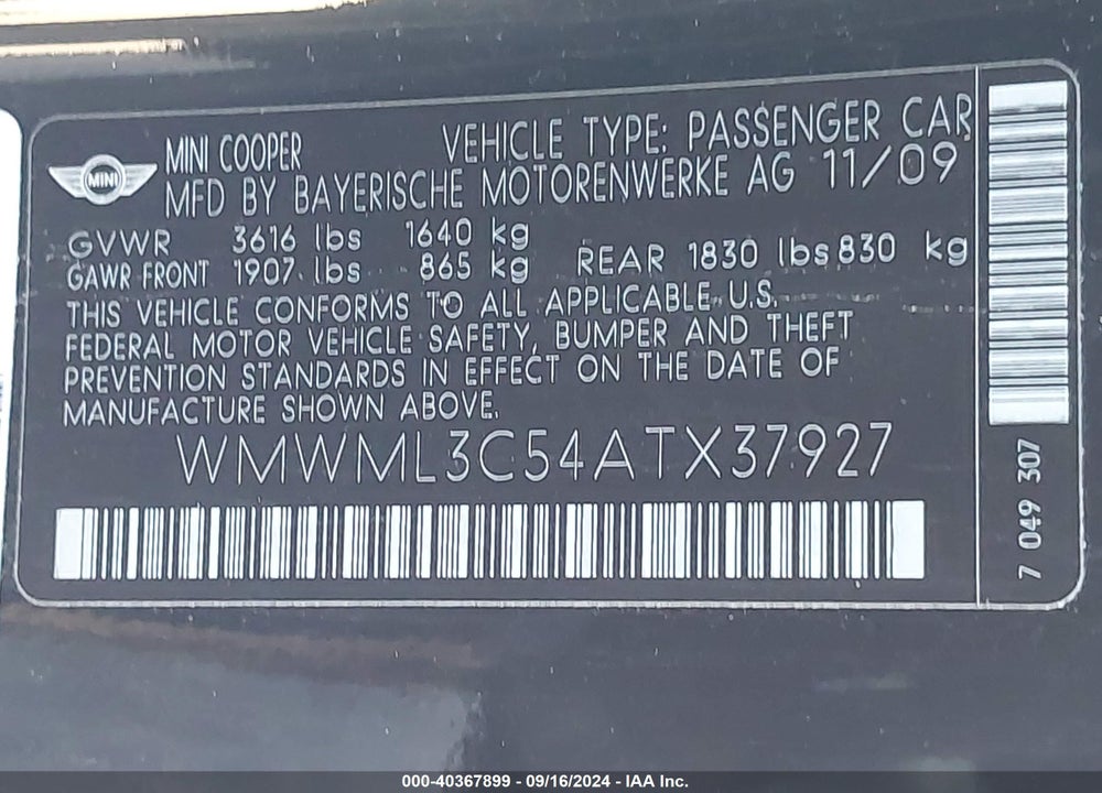 2010 MINI COOPER CLUBMAN VIN: WMWML3C54ATX37927