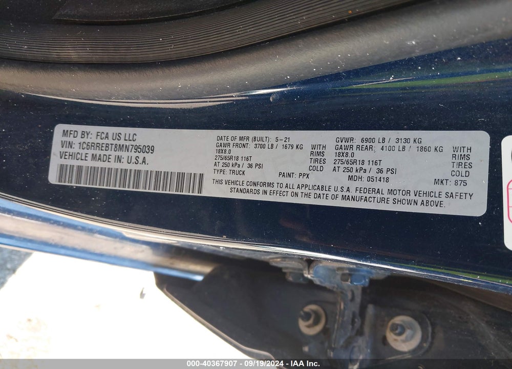 2021 RAM 1500 VIN: 1C6RREBT8MN795039