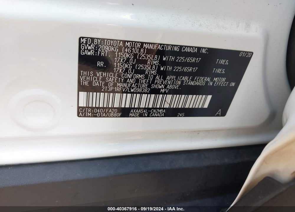 2020 TOYOTA RAV4 XLE VIN: 2T3P1RFV7LW098382