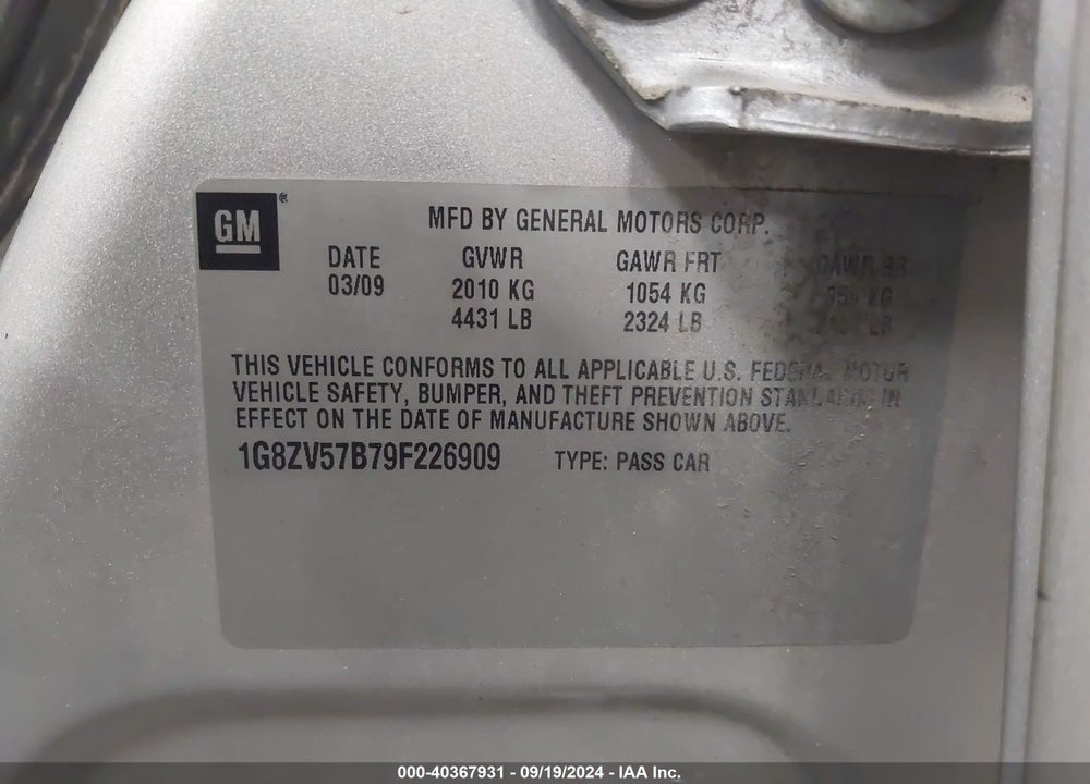 2009 SATURN AURA XR VIN: 1G8ZV57B79F226909