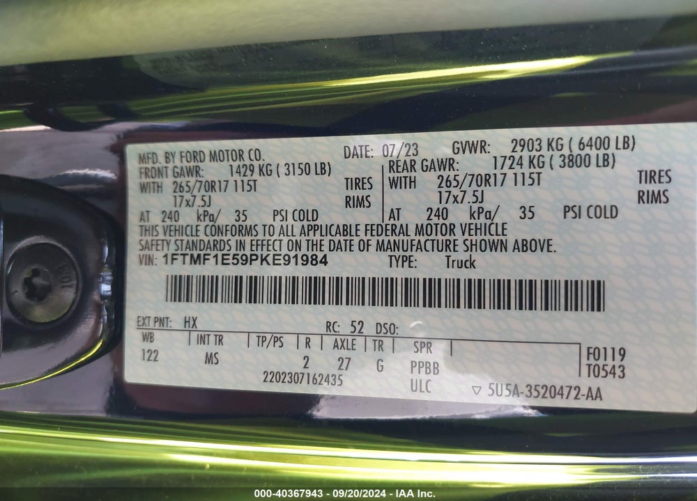 2023 FORD F-150 XLT VIN: 1FTMF1E59PKE91984