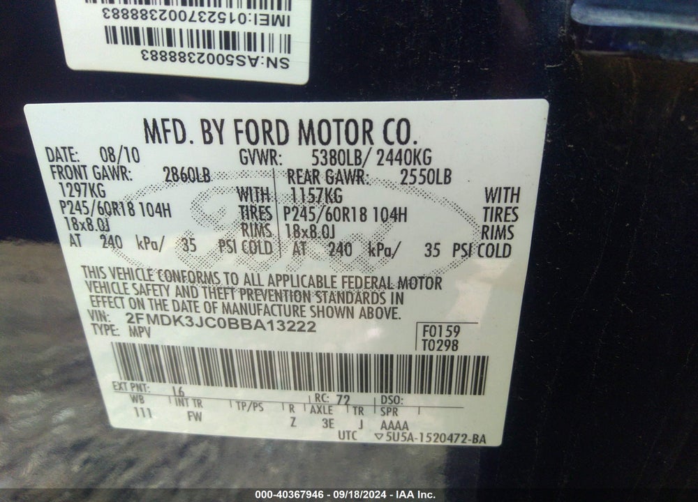 2011 FORD EDGE SEL VIN: 2FMDK3JC0BBA13222