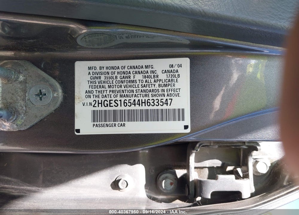 2004 HONDA CIVIC LX VIN: 2HGES16544H633547