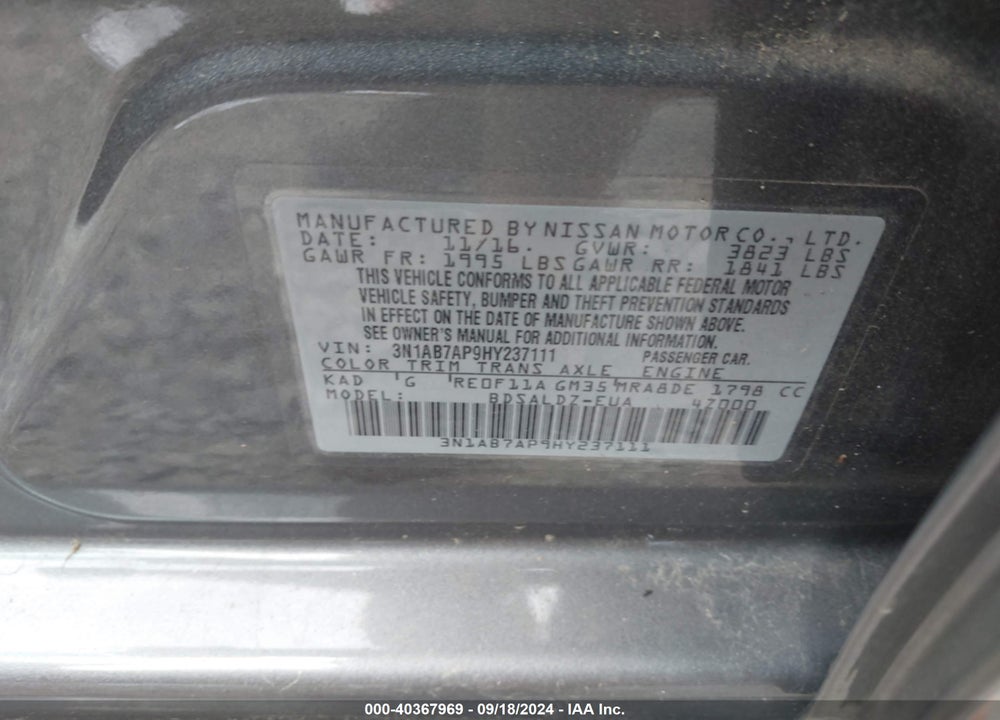 2017 NISSAN SENTRA SV VIN: 3N1AB7AP9HY237111