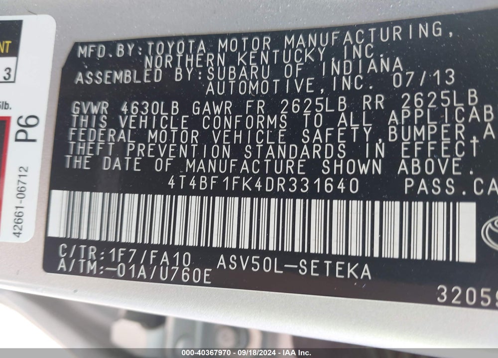 2013 TOYOTA CAMRY L VIN: 4T4BF1FK4DR331640