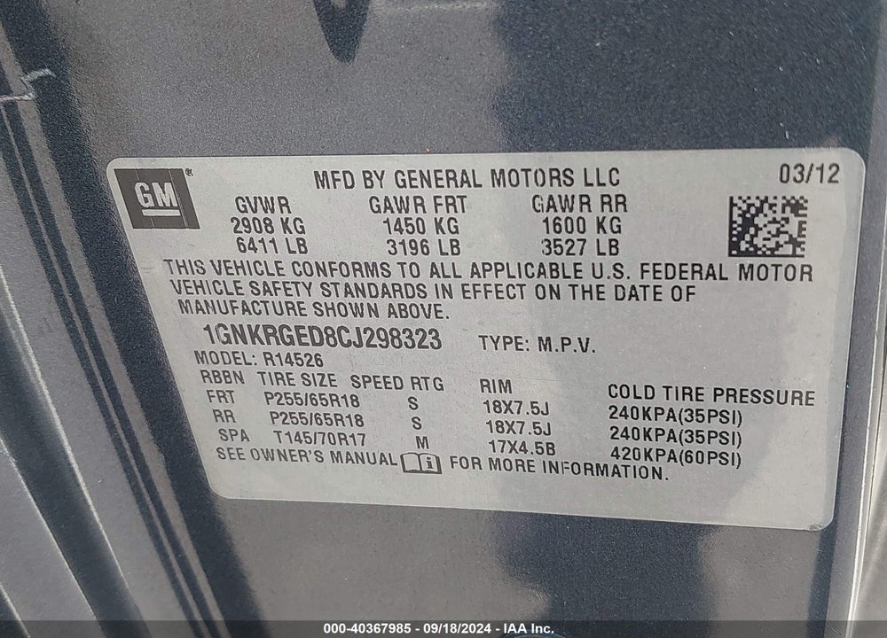 2012 CHEVROLET TRAVERSE 1LT VIN: 1GNKRGED8CJ298323