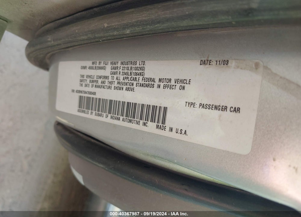 2004 SUBARU OUTBACK VIN: 4S3BH675947630408