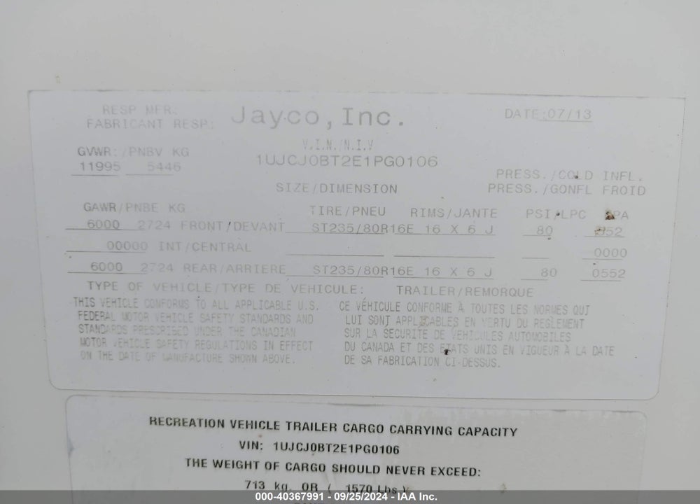 2014 JAYCO EAGLE 33.5 RETS VIN: 1UJCJ0BT2E1PG0106