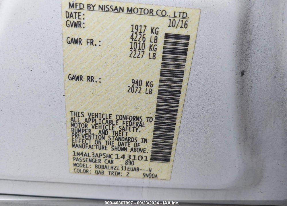 2017 NISSAN ALTIMA 2.5 SR VIN: 1N4AL3AP5HC143101