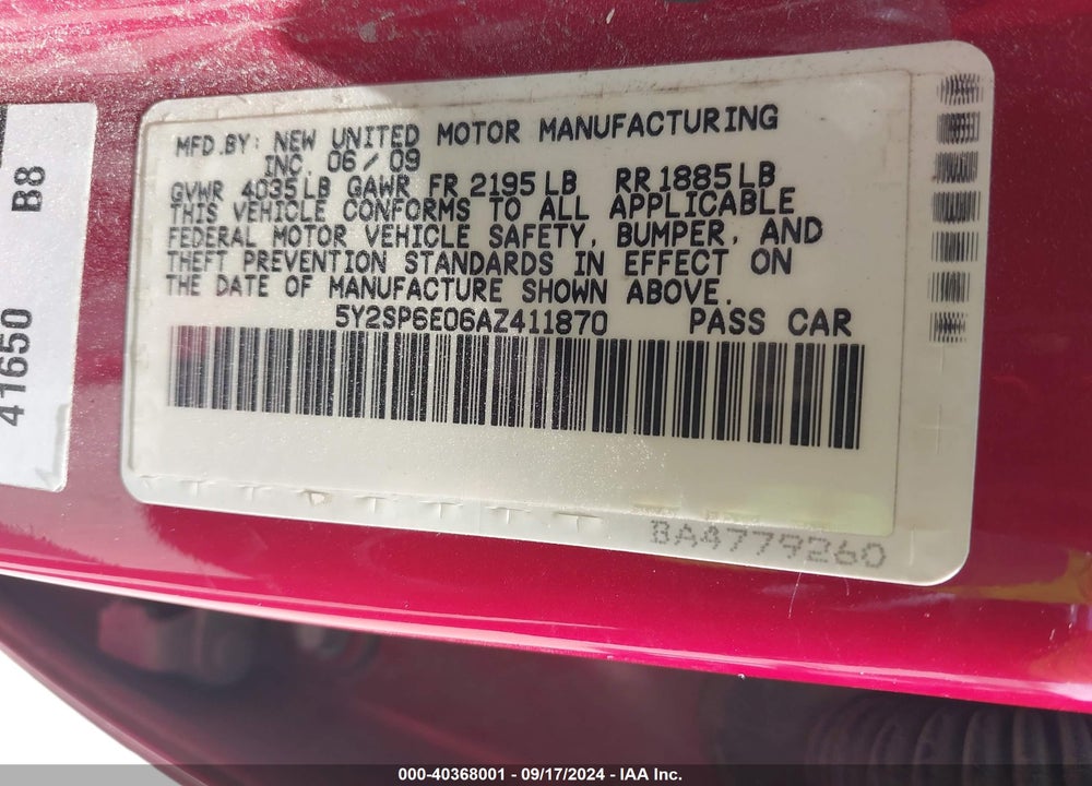 2010 PONTIAC VIBE VIN: 5Y2SP6E06AZ411870