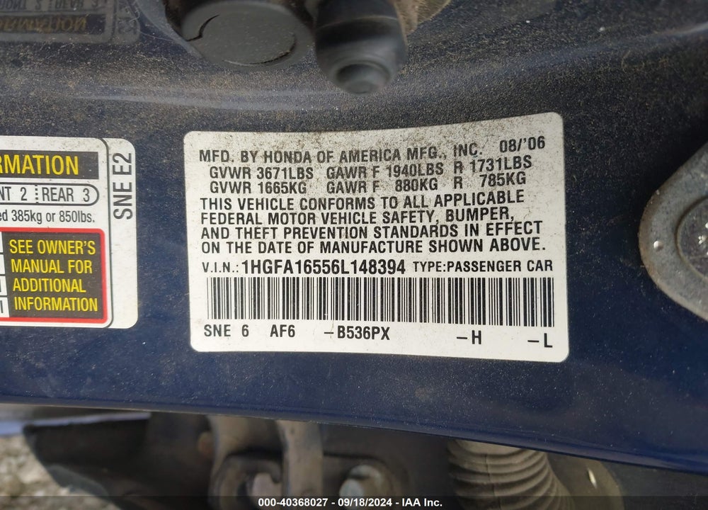 2006 HONDA CIVIC LX VIN: 1HGFA16556L148394
