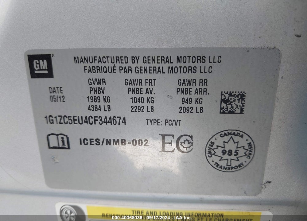 2012 CHEVROLET MALIBU 1LT VIN: 1G1ZC5EU4CF344674