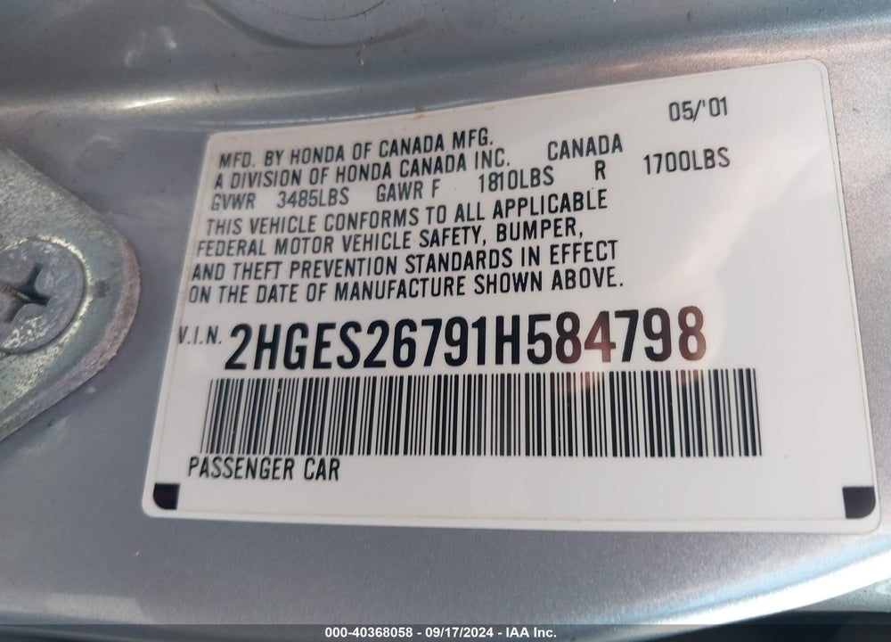 2001 HONDA CIVIC EX VIN: 2HGES26791H584798